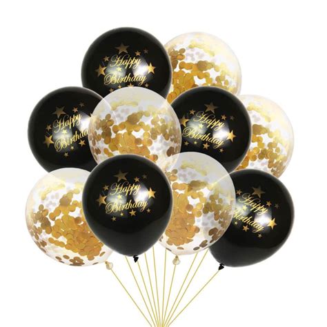 10pcslot Black Happy Birthday Latex Balloon And Transparent Confetti
