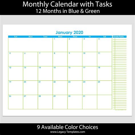 2020 12 Month Landscape Calendar With Tasks A4 Legacy 12 Month Colorful