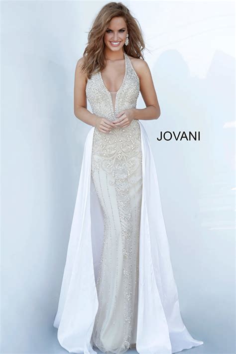 Jovani 3698 Nude Beaded Fitted Evening Dress With Overlay