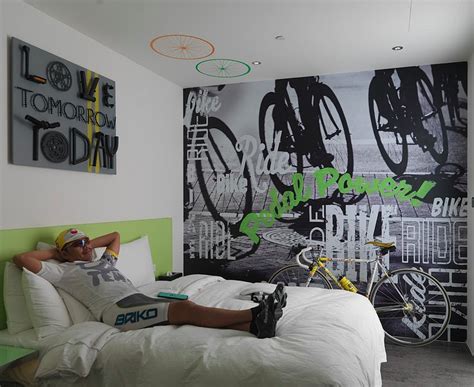 Varnished wood floors let this striking design stand out as it totally deserves to do. bike themed rooms | Nice detail shot of one of our bike ...