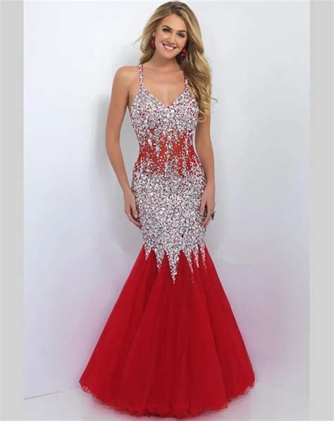 Red Sparkly Long Mermaid Prom Dresses Kleider Sexy Tulle Bling Women Evening Dress For