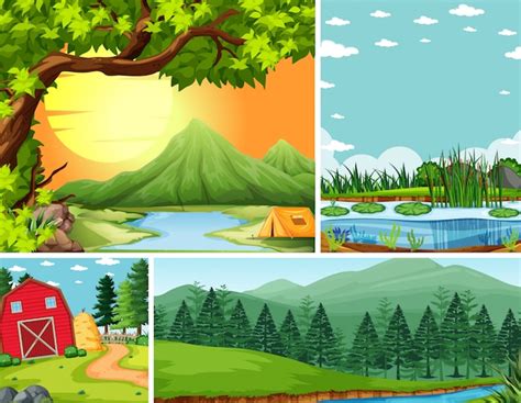 Cuatro Escenas Diferentes En Estilo De Dibujos Animados De Entorno