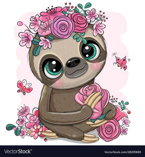 Cute Cartoon Sloth With Flowers On A White Background Download A Free