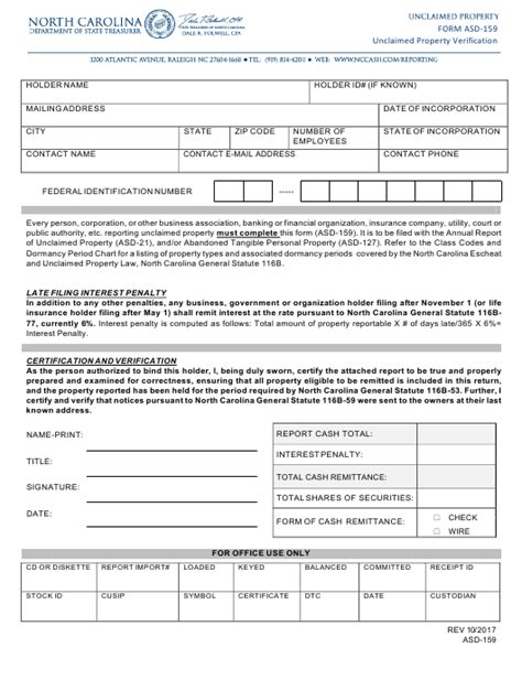 You never know what you might find! Form ASD-159 Download Fillable PDF or Fill Online Unclaimed Property Verification North Carolina ...