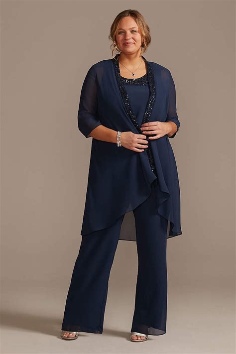 elegant three pieces mother of the bride dresses chiffon pant suits with long jacket plus size