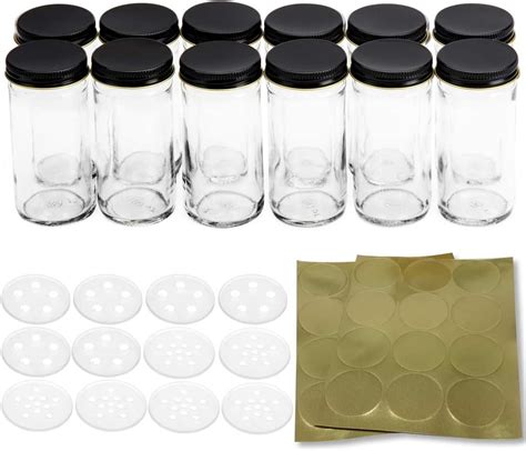 12 Premium Round Glass Spice Bottles Premium Jars With Black Metal Lids Shaker Tops And Blank
