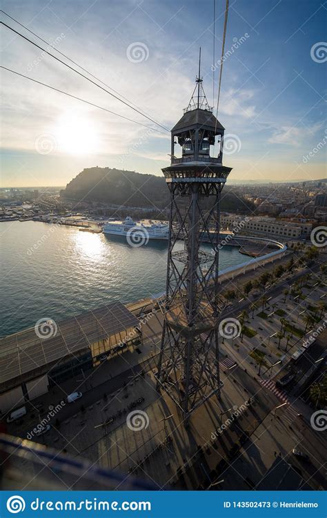 Barcelona Spain December 4 2019 Cable Car Towers At Barcelona