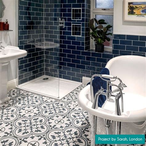 Ledbury Marina Blue Pattern Tiles Walls And Floors White Bathroom