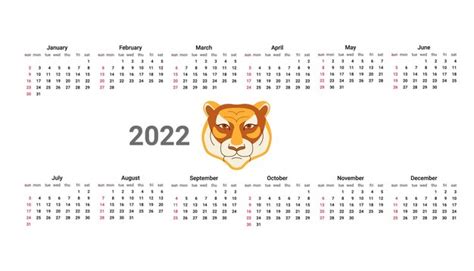 Angielski Kalendarz Na Rok 2022 Kalendarz Z Głową Tygrysa Ilustracja