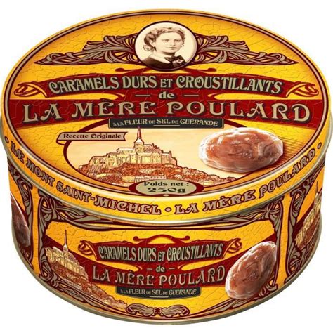 Biscuiterie La Mère Poulard Boite Fer De Caramels Durs Et Croustillants Praliné Jaune 250g