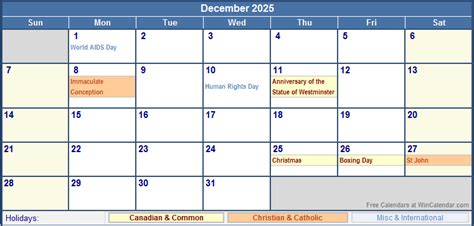 December 2025 Canada Calendar With Holidays For Printing Image Format