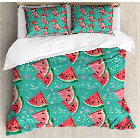 watermelon duvet cover set ornamental image of fruit slices and abstract festive shapes