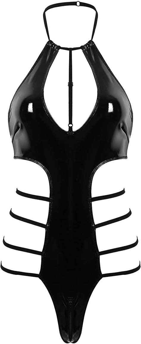 Yoojia Lack Body Damen Rei Verschluss Bodysuit Wetlook Catsuit Lackleder Dessous Neckholder