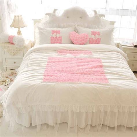 Korean Princess Bedding Sets White Ruffles Bedspread Lace Rose Flower Duvet Cover Queen King Bed