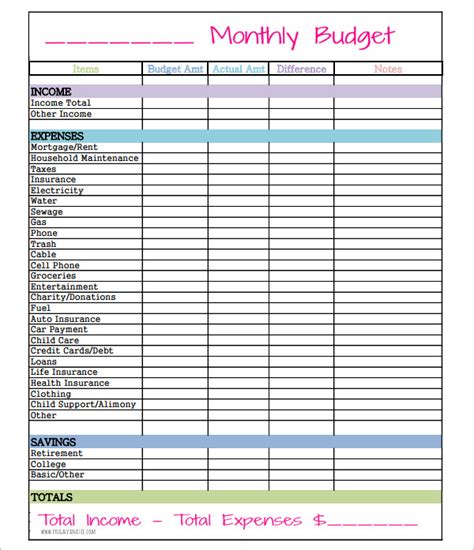 Printable Monthly Budget Template Free