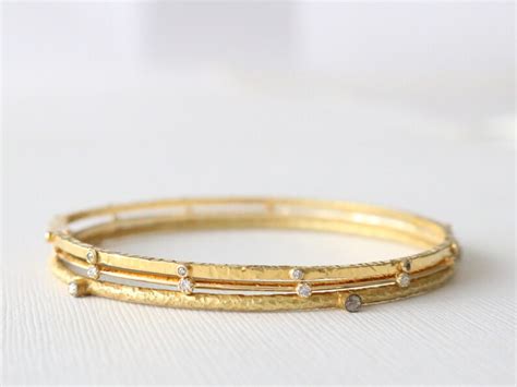 Set 3 Solid Gold Diamond Stacking Bangle Bracelets In 18k Etsy