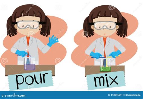 Words Pour And Mix With Girl Doing Experiment Stock Vector