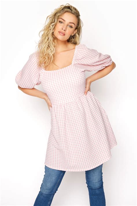 Lts Pink Gingham Square Neck Milkmaid Top Long Tall Sally