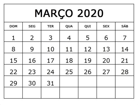 Calendario 2020 Março Imprime O Teu Agora