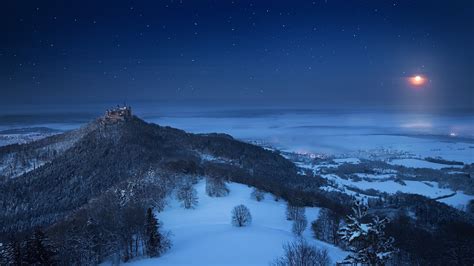 Landscape Nature Winter Castle Snow Forest Moon Starry Night Moonlight