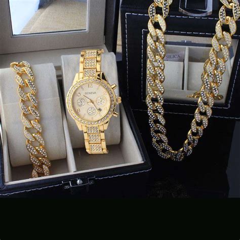 Gangsta Cuban Chain Bracelet Watch Set Watch Setting 18k Gold