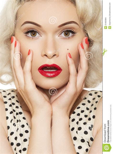 Pin Up Girl With Retro Make Up Red Manicure Stock Photo Image Of