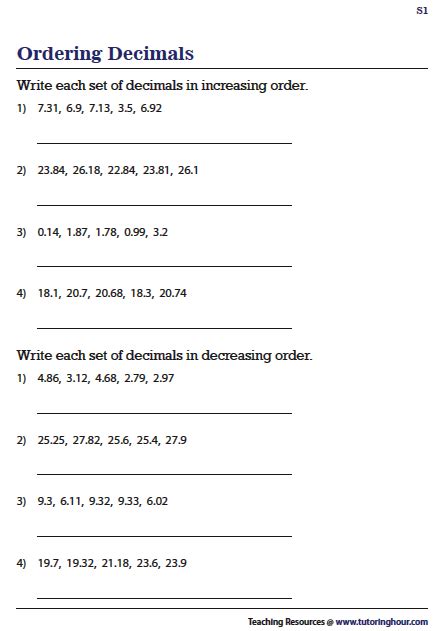 Ordering Decimal Numbers Worksheets Ordering Decimals Decimals
