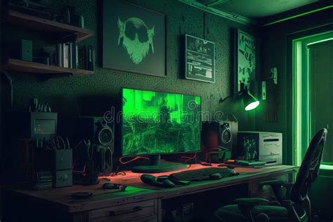 Gaming Room With Gamer Computer And Hardware Equipment Coloured In