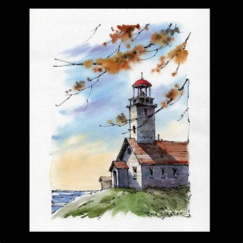 A Watercolor Painting Of A Lighthouse On Top Of A Hill Next To The Ocean