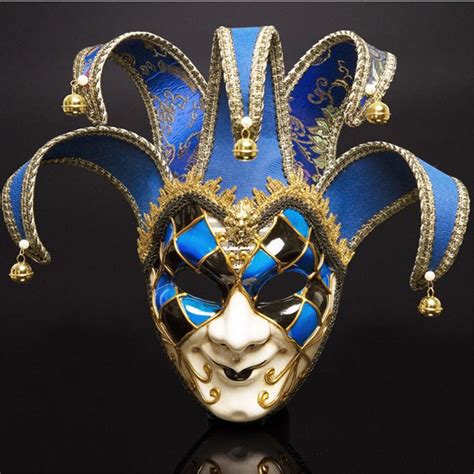 full face men venetian theater jester joker masquerade mask with bells mardi gras party ball