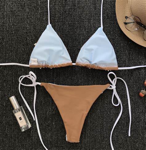 2018 Beach Biquine Lace Bandage White Floral Triangle Thong Bikini Set Khaki Swimming Sexy