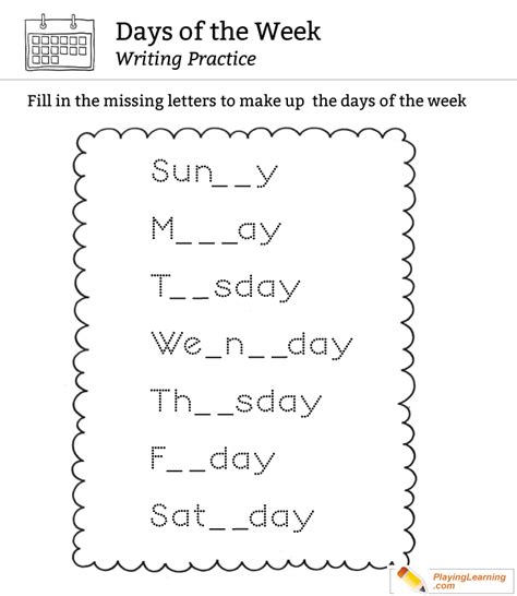 Days Of The Week Writing Practice Sheet Free Days Of The Week
