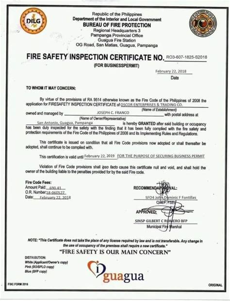 Fire and life safety assessment report (falar) 3: Fire Safety Inspection Certificate Sample | HSE Images ...