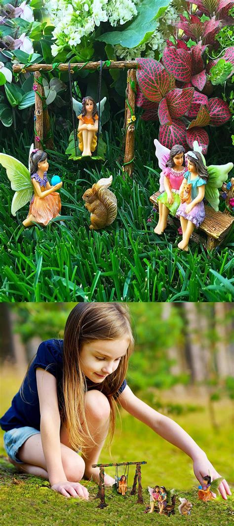 mood lab fairy garden accessories kit with miniature figurines swing set of 6 pcs for