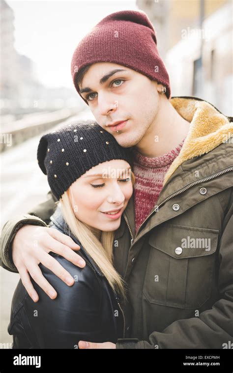 Young Beautiful Couple Lovers Hugging In The Street Stock Photo Alamy