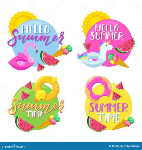 Set Of Circle Summer Stickers Badges Labels And Tags Hello Summer