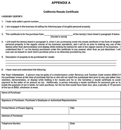 Printable Resale Certificate