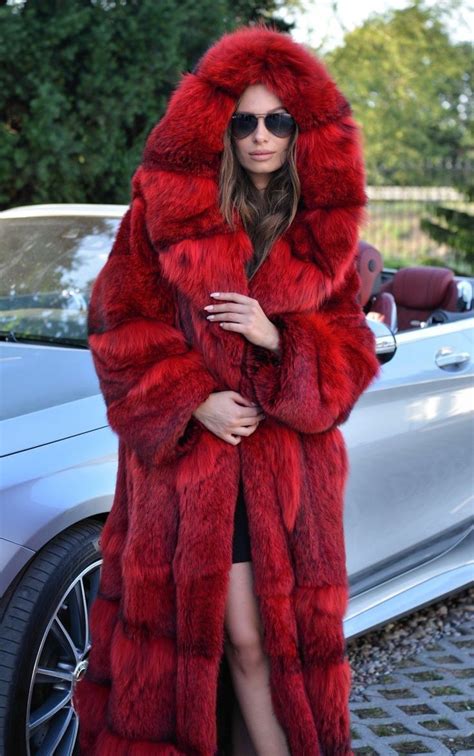 Female Red Long Hood Fur Coat Hovlly With Images Long Fur Coat White Fur Coat Fur Street