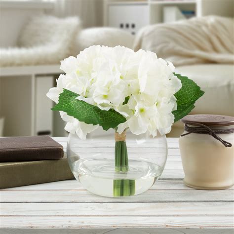 hydrangea artificial floral arrangement with vase and faux water fake flowers for home decor