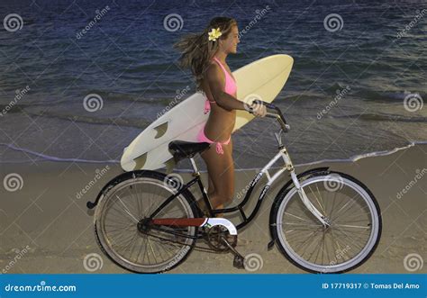 Girl With Bike And Surfboard Stock Image Image Of Hawaii Surfer 17719317