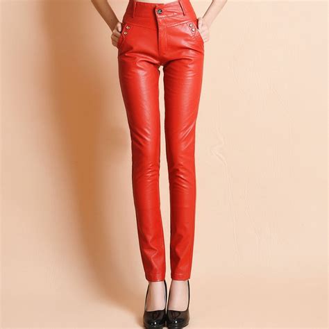 fashion brand red color pu leather pants winter autumn spring women s high quality stretch was