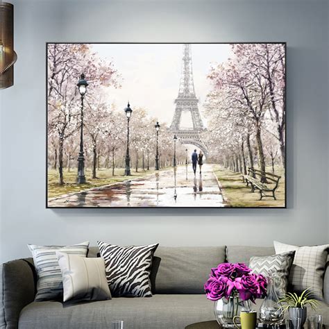 Romantic Paris Tower Wall Art Canvas Paintings On The Wall Lover In Paris Street Landscape Art