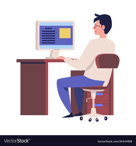 Employee Working Computer At Office Flat Cartoon Vector Image