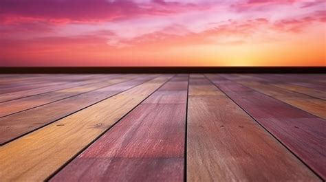 Premium Ai Image A Wooden Floor With A Sunset In The Background