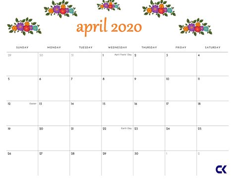 Floral Calendar For April 2020 With Large Boxes Floralcalendar