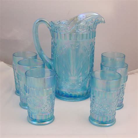 Lg Wright Ice Blue God And Home Carnival Glass Water Set Carnival Glass