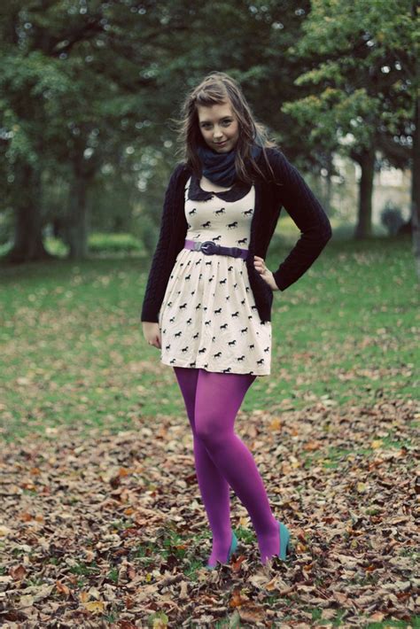 Kicking Leaves In Purple Pantyhose And Blue Heels Colored Tights Outfit Purple Tights
