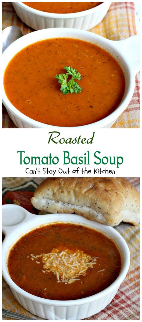This tomato soup recipe is a comfort food that's almost as easy to make as the condensed variety but is much, much tastier. Roasted Tomato Garlic Soup - Can't Stay Out of the Kitchen