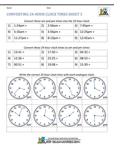 There are 3 basic methods to convert military time, or some may say 24 hour time to the 12 hour time format. Converting 24-hour Clock Times Sheet 3 in 2020 | 24 hour clock worksheets, 24 hour clock, Time ...