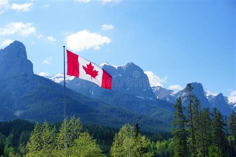 Rocky Mountains At Canmore Alberta Canada Canadien Flag Nordic